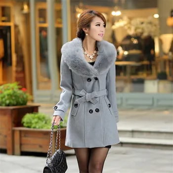 Вълна палто Дамско черно 7 Цвята M-5XL Плюс Размер 2020 Есен Зима Нов Корейски Голям кожа яка, Тънки вълнени Якета Feminina LD1494