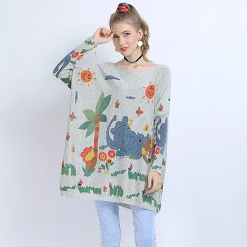 Вязаная мода О-образно деколте с дълги ръкави Есенен пуловер 2020 Нови дамски блузи Свободни пуловери в голям размер, с изображение на слон