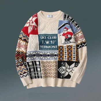 Вязаный пуловер, Мъжки Сгъсти Мечка Двойка Яке Ins Червен Коледен Пуловер Мъжката есенно-зимния Див пуловер