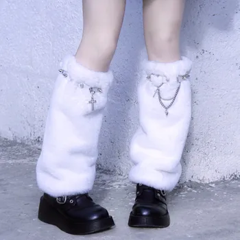 Гамаши Лолита Дълги чорапи Готически занитването на Веригата Плюшени бели дамски чорапи Y2K Пънк Кожен Калъф за краката Градинска облекло