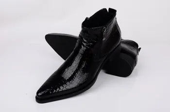 Голям Размер EUR46 Серпантинный Син / Черен, с остри Пръсти, Обувки за рокли, мъжки ботильоны, Обувки от естествена кожа, мъжки обувки за сватба