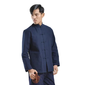 Гореща разпродажба Памук Мъжки традиционен китайски костюм Тан Топ с дълъг ръкав Кунг-Фу, Тай-Чи Униформи Пролет Есен Риза Блуза