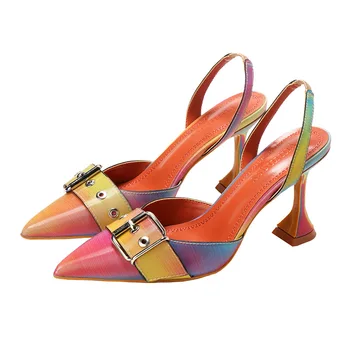 Горещи сексуални многоцветни сандали 2021 Есенен дамски обувки на ток с остър винарска купата