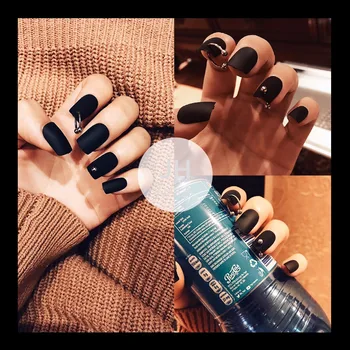 Готически матово черно чист цвят с пръстен от трески 3D режийни ноктите японски сладки режийни ноктите 24 бр. дама пълна с върховете на ноктите вечер изкуство на ноктите