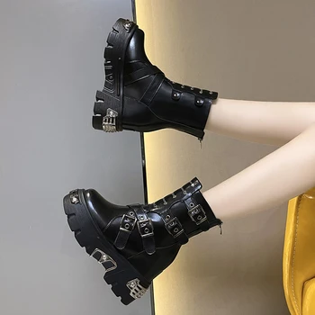 Дамски ботильоны в стил пънк Нова дамски обувки 2022 година Модерен готически обувки дантела масивни Черни обувки на танкетке Обувки на платформа Botas Mujer