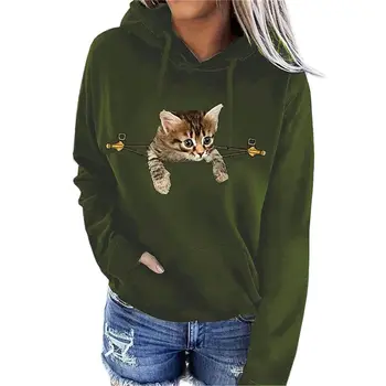 Дамски ежедневни блузи за есента-зимата 2021 г. с Нова hoody с дълги ръкави и принтом под формата на котки и животни, Свободен пуловер с качулка, Пуловер голям размер
