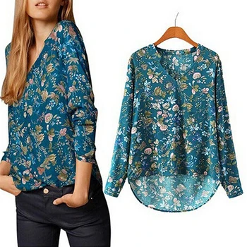 Дамски Ежедневни риза с дълъг ръкав и V-образно деколте с флорални принтом, шифоновая блуза, топ нередовен