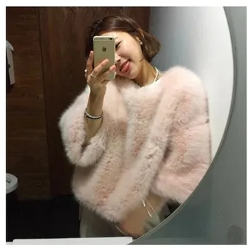 Дамски кожени капаци на Корейската мода Чист цвят Случайни пухкави зайци на козината на Норка Късо палто от изкуствена кожа с изгорени ръкави Зимата плюшено пуловер