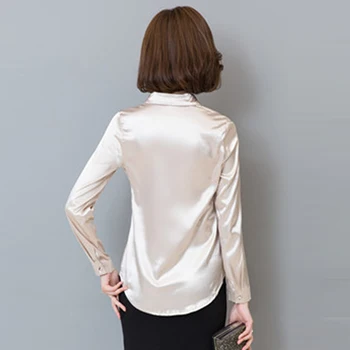 Дамски копринени сатен блуза копчета с дълъг ръкав с ревери дамски офис работа елегантни дамски копринени блузи, ризи