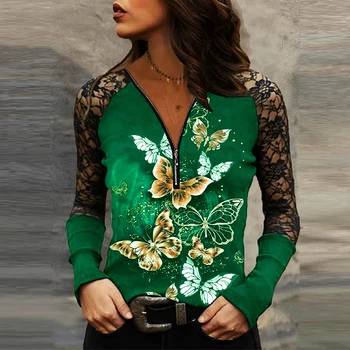 Дамски лейси блуза Тънък пуловер с дълъг ръкав Дамски ризи Пролет Есен Пеперуда Печат Случайни Отгоре с V-образно деколте Градинска облекло Blusas