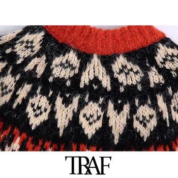 Дамски модни ТРАФИКА с pom-помераните Жаккардовый вязаный Ретро пуловер O-образно деколте с дълъг ръкав Дамски пуловери Шик върховете