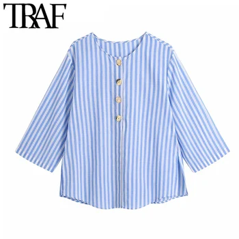 Дамски модни ТРАФИКА с копчета в лента от Ленени блузи Реколтата, ръкав Три четвърти от Страничните отвори Дамски ризи, Шикозни блузи