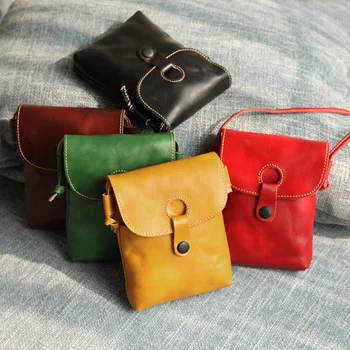 Дамски модни чанта на рамото от естествена кожа, Дамски малка чанта ръчна изработка в стил ретро Чанта-месинджър Чанта за вашия мобилен телефон Чанта през рамо портфейли