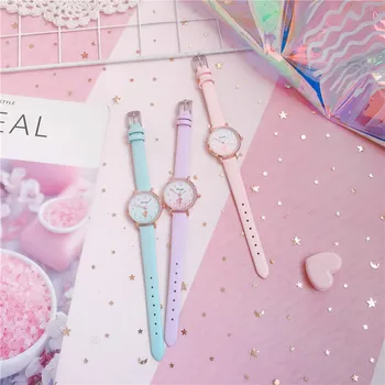 Дамски модни часовници от с кожена каишка, студентски малки кварцови часовници за момичета със сладък котка, цветни сладки часовник-гривна за момичета