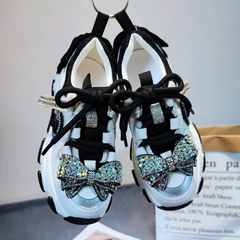 Дамски мрежести с преливащи се цветове кристали с голям лък Маратонки дантела Ежедневни обувки, Бяла Лолита Сладък Коледен подарък За момичета Нов 2022