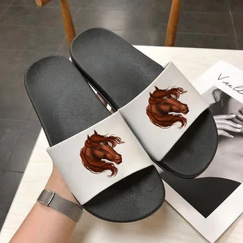 Дамски обувки Модерен плажни сандали с принтом кон Летни домашни чехли на равна подметка с дебело дъно нескользящие чехли Дамски обувки