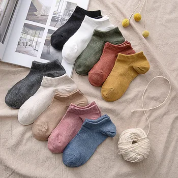 Дамски памучни чорапи в японски стил Чист Свободното време, Спортни дишащи тънки чорапи за лодки Ежедневни Харадзюку Комфорт Дребния устата Дамски чорапи