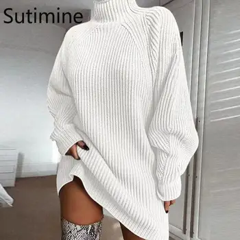 Дамски пуловери Вязаная риза Женствена рокля на средната и дългата дължина на Дамски зимни пуловери, Поло Есенен дамски дрехи Однотонная офис дама