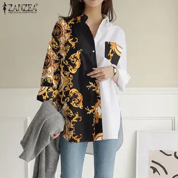 Дамски реколта ризи с принтом ZANZEA на Ревера Туника с дълъг ръкав 2021 Есен Извънгабаритни Лоскутные върховете Дамска мода Ежедневни риза