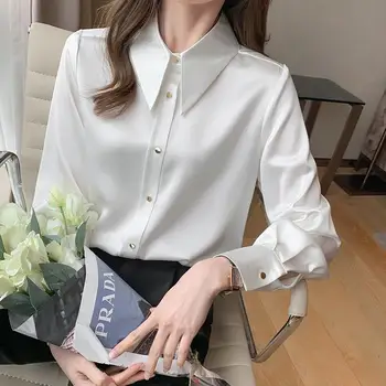 Дамски ризи 2022 Пролет Есен Нова Елегантна Мода Офис дама Крайградски Бели ризи с дълъг ръкав с ревери Ежедневни Дамски блузи