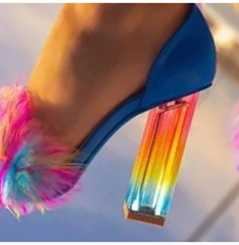 Дамски сандали Дамски кожени плюшени прозрачни обувки на висок ток Лято 2020 Дамски ежедневни дамски обувки с катарама от Дамски обувки Плюс-Размер 46