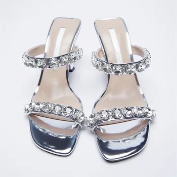Дамски сандали на висок ток 2021 Лято Нова мода Планински кристал Дума на висок ток с кръгло бомбе Чехли с отворени пръсти