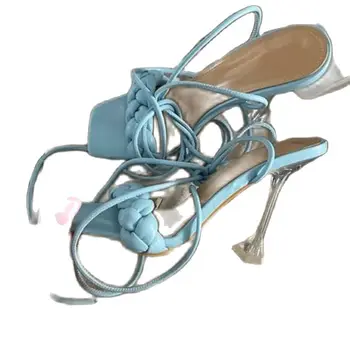 Дамски сандали Секси летни обувки Гладиатор Клип на Стелката на високи токчета Бандажный каишка с катарама за Обувки-лодка Squre Дамски вечерна мода обувки на висок ток
