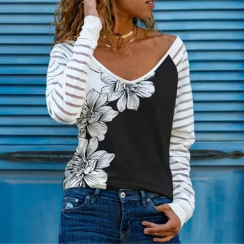 Дамски тениски с флорални принтом Ежедневни блузи с дълъг ръкав, Есен, зима Дамска елегантна риза Топ Блузи секси пуловер Blusas с V-образно деколте
