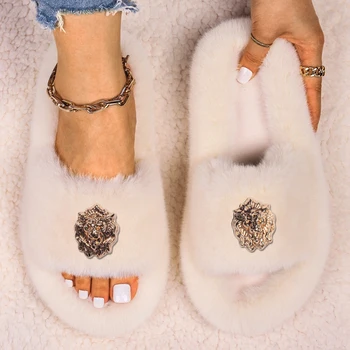 Дамски уютни пързалки Чехли от изкуствена кожа със златист метален декор и Дизайнерски кожени сандали и чехли на равна подметка на поръчка е топло обувки