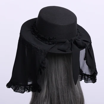 Дамски черна шапка с воал, Фетровая Реколта Готик пънк-дамски придворная Стилна послеобеденная Чаена Cosplay шапки
