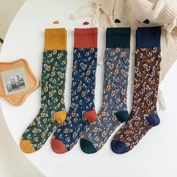 Дамски чорапи с флорални принтом, Корейската мода, есен-зима, топли дълги чорапи, японски стил, прекрасно момиче, чорапи до бедрото чорапи