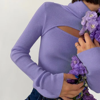 Дамско поло с дълъг ръкав Тънки пуловери 2021 Есен Нова Монофонични Выдалбливают Модерен лилав Пуловер Офис дамски дрехи Y2k