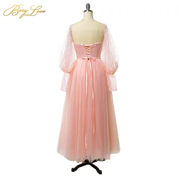 Дантелено атласное розова рокля за бала от тюл на точки A Line Елегантна вечерна рокля Туника Корсет с пищни ръкави Дълга вечерна рокля Плюс размер