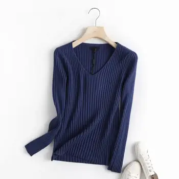 Дейв и Ди Зима в английски стил от памучна вълна с V-образно деколте Вязаная еластична ивица Пуловери Дамски Блузи, пуловери