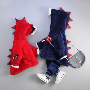 Детска naka яке с анимационни динозавром Топло удебелена дрехи за малките момичета, Зимни връхни дрехи за момчета Палто с качулка за деца 1-6 Години