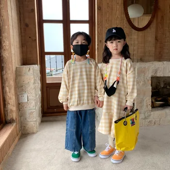 Детски костюм на брат и сестра 2021 Есента Нов за момчета Прост карирани топ за момичета Сладко клетчатое рокля с риба опашка