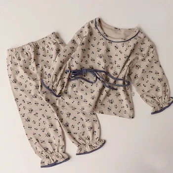 Детски памучни комплекти свободни дрехи за момичета с малки деца Ежедневни пижама с принтом 2 бр. Костюм Есента Нов детски комплект дрехи за дома с дълъг ръкав