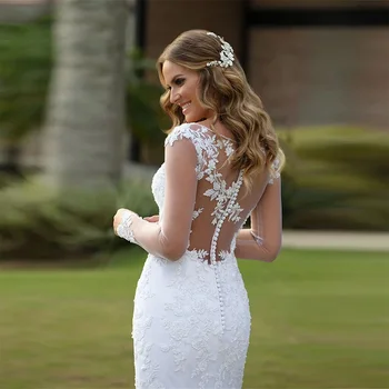 Дубай Африканска Русалка Сватбени рокли с дълги ръкави и V-образно деколте и Дантелени апликации от мъниста Сватбени рокли Vestidos De Novias За жени Булката 2021