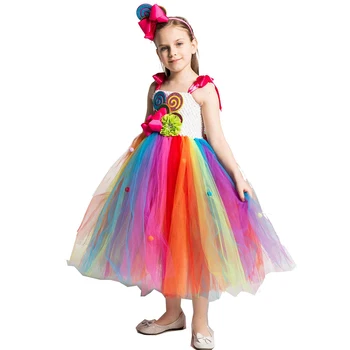 Дъга рокля с бонбони за момичета Сладък костюм за Карнавала на рожден Ден, детско рокля-пакетче с флорални леденцом и превръзка на главата, миличка добре облечени дрехи