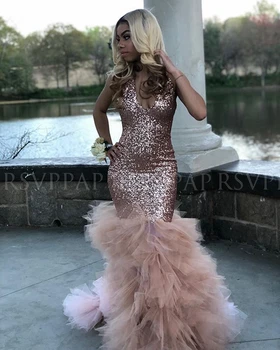 Дълга, лъскава вечерна рокля 2022 година в стил Русалка с къдри от тюл с пайети от розово злато Африкански жени Вечерни рокли за партита