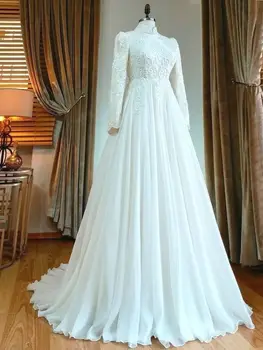 Дълги шифоновые мюсюлмански сватбени рокли за Булката 2021 с дълги ръкави и високо деколте Марокански Кафтан Сватба сватбени рокли vestidos de новия