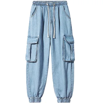 Дънки Мъжки Маркови дънкови панталони-с карго джобове, Градинска дрехи с завязками, Комплект за краката в корейски стил, мъжки широки панталони и шикозни панталони BF