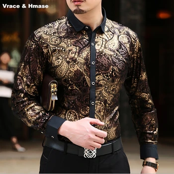 Европейският стил на персонални печат с релефен луксозна риза с дълъг ръкав висок клас златно кадифе мека риза с по-високо качество за мъжете M-XXXL