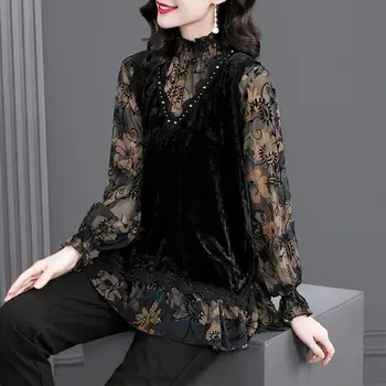 Ежедневна блуза от две части долна дамска блуза дамски есен и зима 2021 нова висококачествена голяма модерна блуза с дълъг ръкав и кръгло деколте