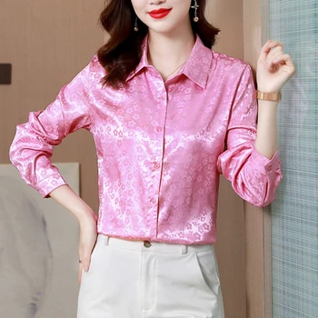 Елегантен офис дами Цветя работни ризи Женски сатен с копринени блузи, Модни тънко пролетно-есенни копринени ризи с дълги ръкави Вечерни върховете