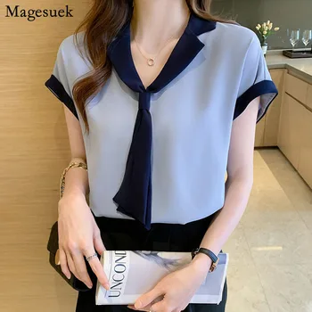 Елегантна лятна блуза с V-образно деколте За жени, свободна шифоновая риза с къс ръкав, офис дами, корейски Случайни топ за колеж 15072