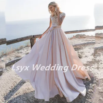 Елегантна розова сватбена рокля трапецовидна форма 2021 г. с лък и колани, Лейси апликация, Дълга поредица, О-образно деколте, Очарователен е за жените, Романтично