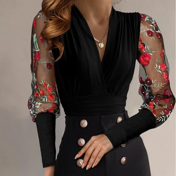 Елегантни дантелени блузи с пищни ръкави Модни бродерия на Цвете Прозрачни руж За жени Пролет-Лято Секси блуза с V - образно деколте Mujer