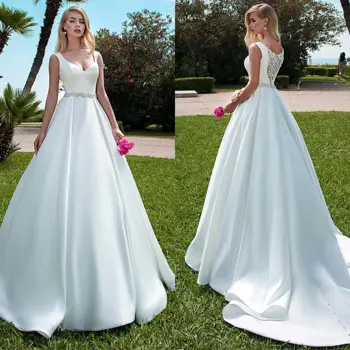 Елегантни Сватбени рокли 2022 Нов Дизайн Трапецовидна форма Сатен, Колан с кристали и диаманти, Вечерни Сватбени рокли CO149