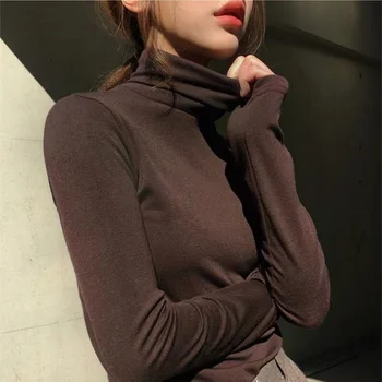 Есен 2021 Чист Цвят Темперамент Корейски Тънък Пуловер с дълъг ръкав и Шик Топ Женски вязаный